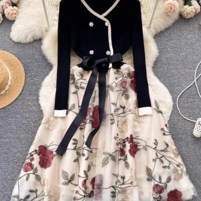 Vintage dress, senior sense, waist temperament knitted patchwork mesh embroidery fairy dress