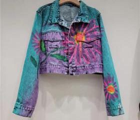 Neon letters vintage denim jacket
 for ladies