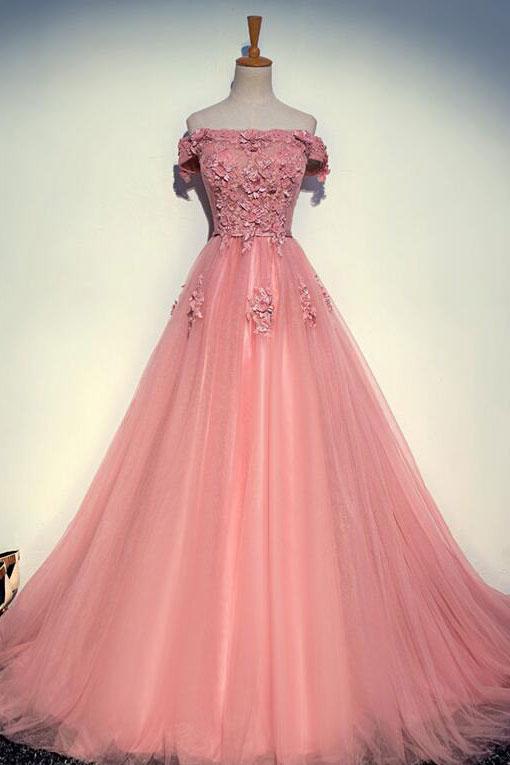 Elegant Tulle Prom Dress, Pink Long Party Dress, Off Shoulder Prom Dress, Ball Gown,custom Made,