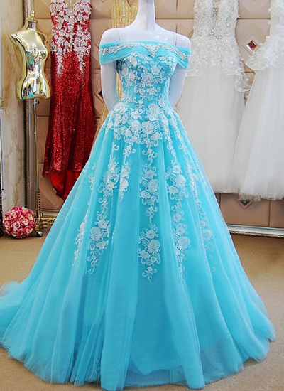 Blue Tulle Prom Dress, Long Lace Prom Dress, Appliques Formal Prom Dress, Crystal Evening Dress,custom Made