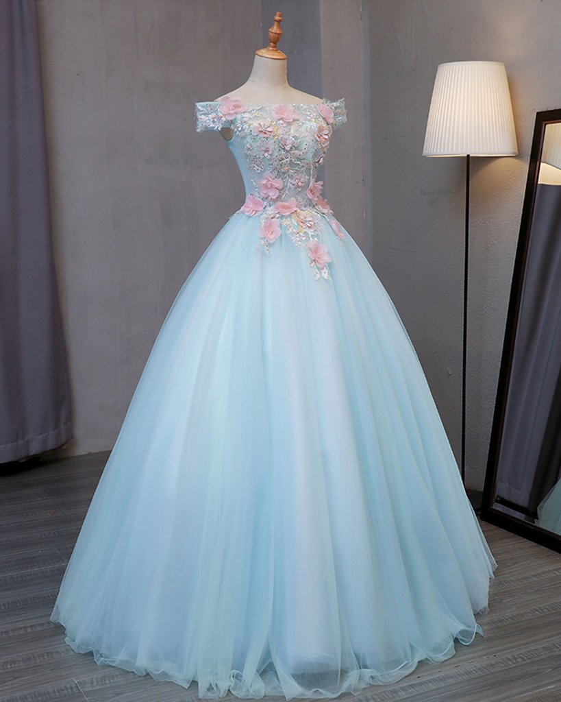Off Shoulder Prom Dress, Floral Dress, Blue Evening Dress Quinceanera Dress,custom Made