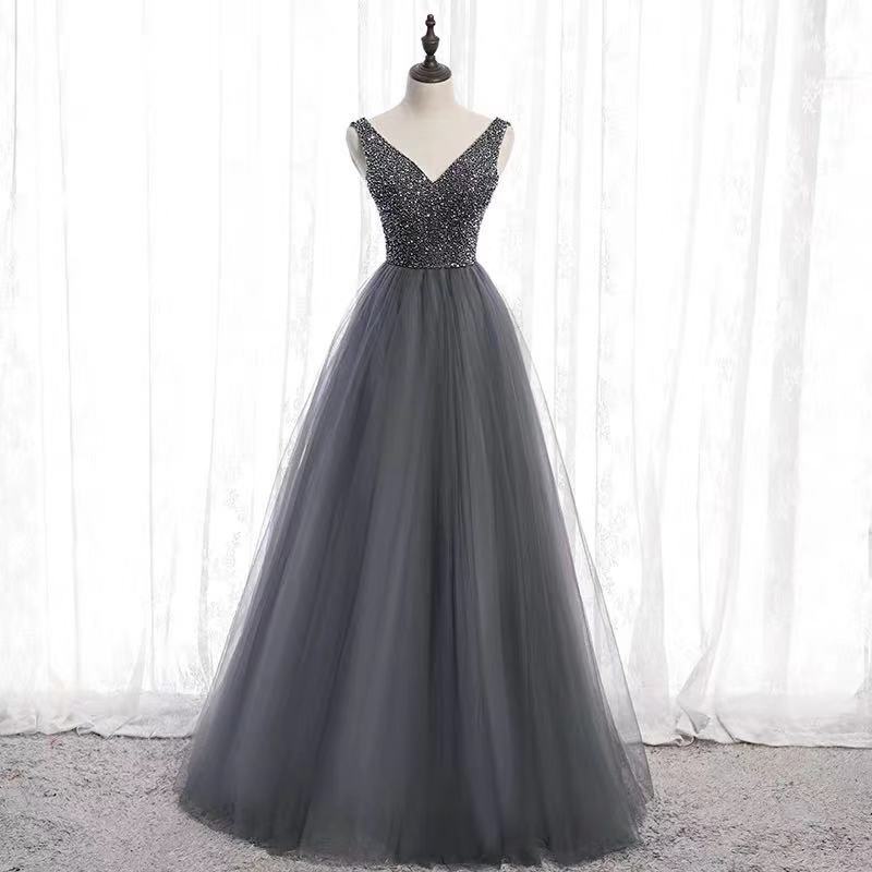 Dark Grey Party Dress V Neck Evening Dress Tulle Beading Formal Dress Backless Long Prom Dress,custom Made
