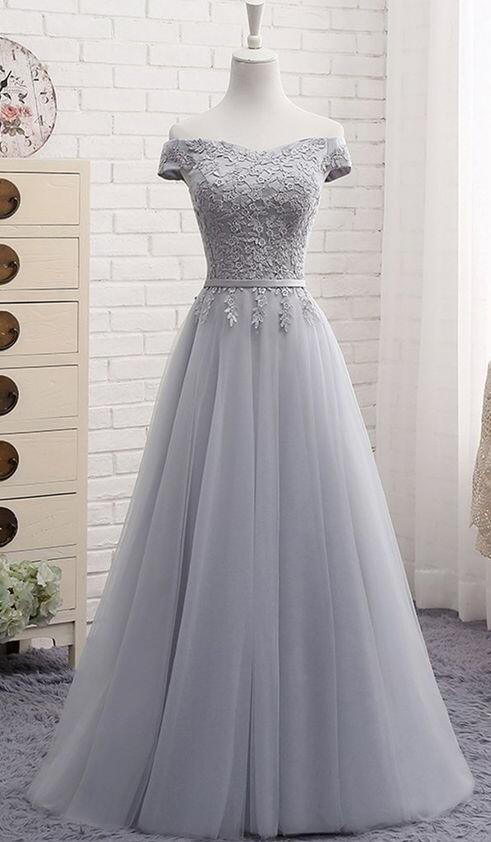 Gray Tulle Off Shoulder Party Dress Long A-line Senior Prom Dress Simple Bridesmaid Dress,custom Made