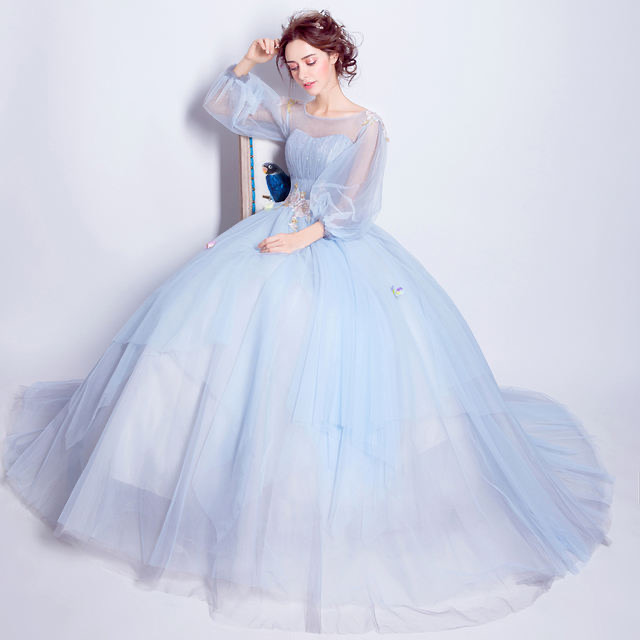 Long Sleeves Prom Dress Light Blue Party Dress Ball Gown With Appliques,custom Made