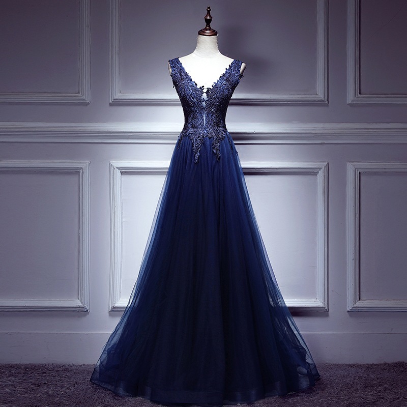 V-neck Prom Dress Navy Blue Evening Dress Simple Long Prom Dress,custom Made