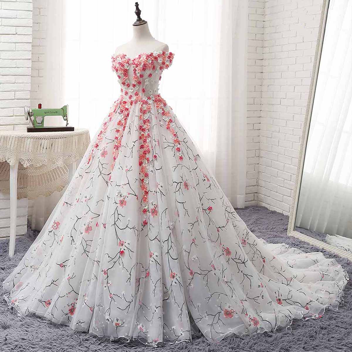 White Floral Tulle Sweetheart 3d Flower Applique A-line Evening Dress, Homecoming Dress With Sleeve,custom Made