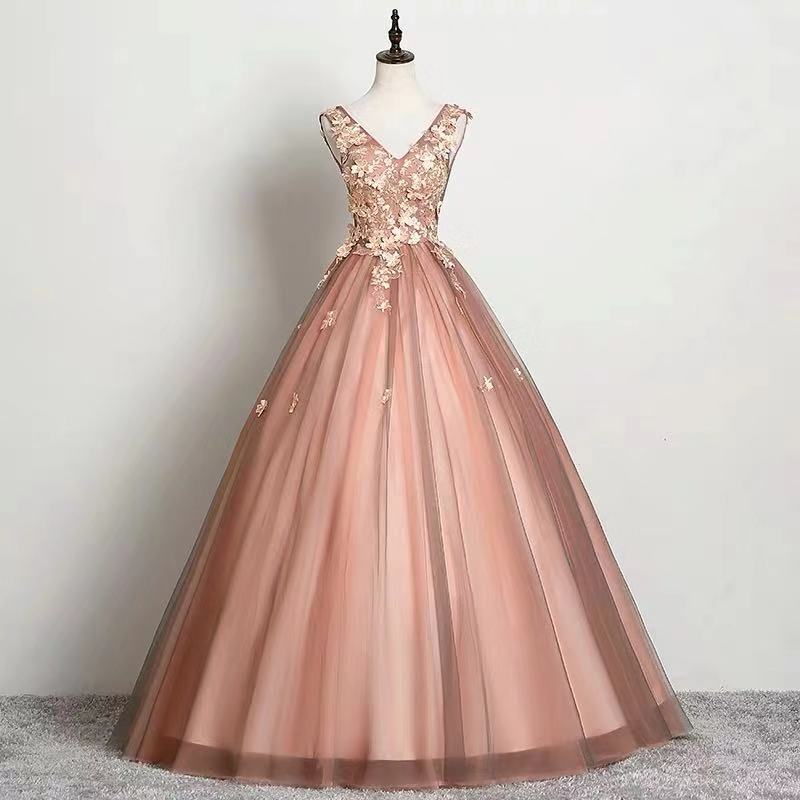 Pink Party Dress V Neck Evening Dress Tulle Applique Prom Dress Backless Ball Gown Dress,custom Made