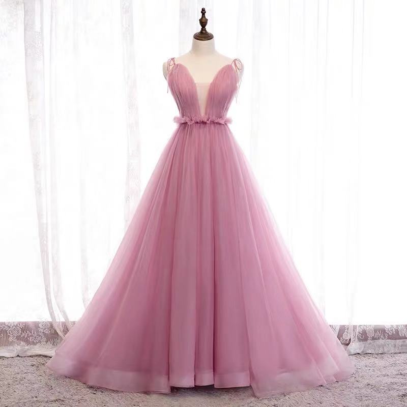 Pink Party Dress V Neck Evening Dress Spaghetti Straps Prom Dress Tulle Long Formal Dress Backless Ball Gown Dress,custom Made