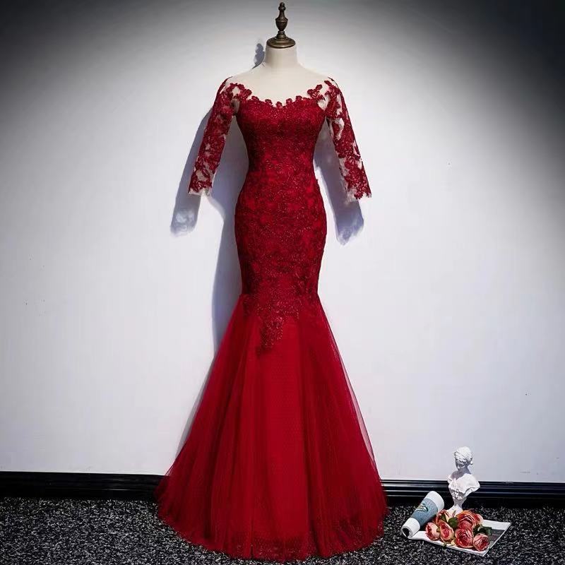 Red Party Dress Mermaid Long Prom Dress Lace Applique Formal Dress Tulle Evening Dress,custom Made
