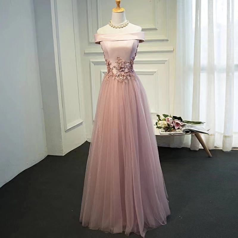 Pink Party Dress Off Shoulder Evening Dress Satin Long Prom Dress Tulle Applique Formal Dress,custom Made