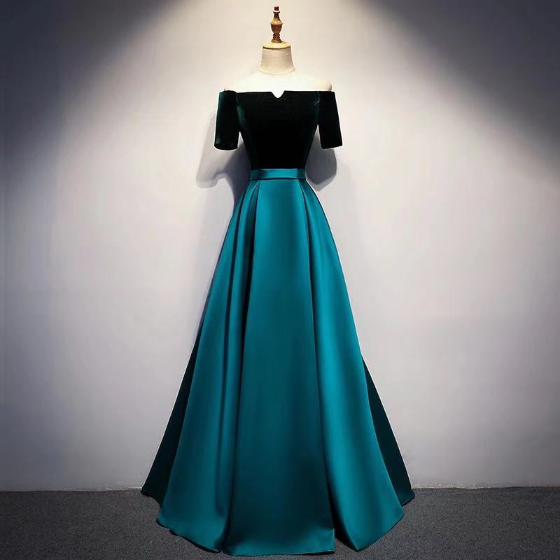 Blue Party Dress Off Shoulder Evening Dress Short Sleeve Prom Dress Satin Long Formal Dress,custom Made