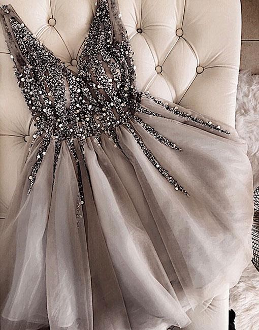 Gray V-neck Beaded Tulle Homecoming Dress,short A-line Prom Dress,custom Made