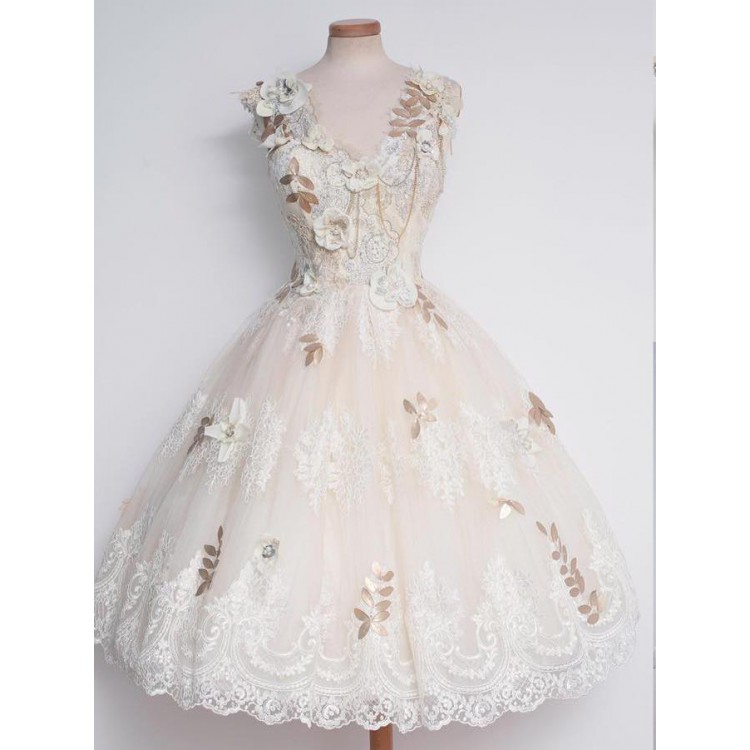 Custom Made A-line/princess Homecoming Prom Dresses Short Ivory Dresses With Open-back Flower Knee-length Suitable Homecoming Dress