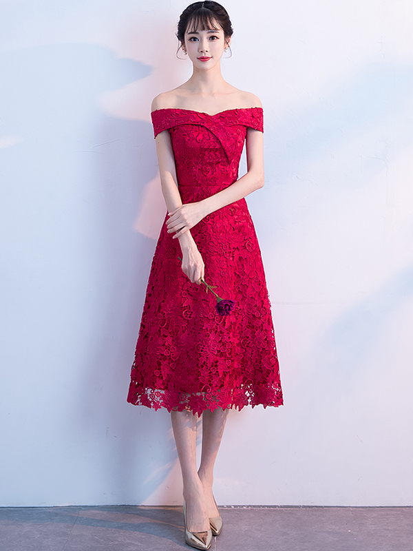 Red Off The Shoulder A-line Lace Midi Dress,gorgeous Evening Homecoming Dress,custom Made