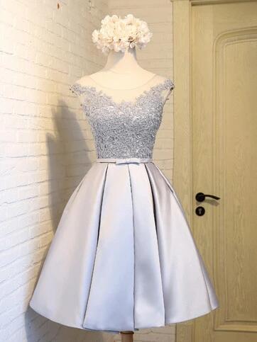 V-neck Prom Dress Lace Party Dress Grey Homecoming Dress,custom Made