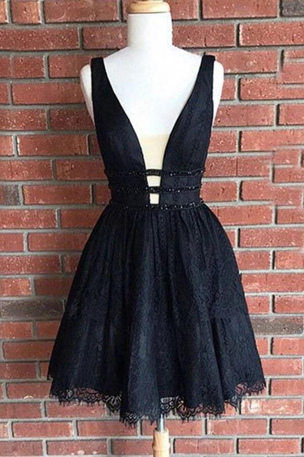 V-neck Prom Dress Lace Party Dress Black Homecoming Dress,custom Made