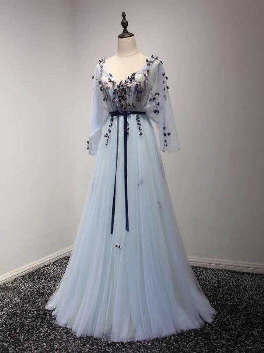 A-line Prom Dress Tulle Party Dress Light Blue Evening Dress,custom Made
