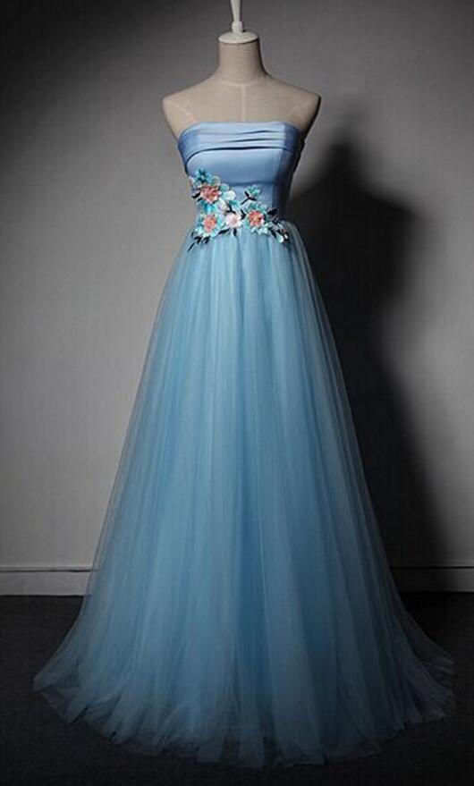 Strapless Prom Dress Blue Evening Dress Elegant Party Dress With Appliques,custom Made