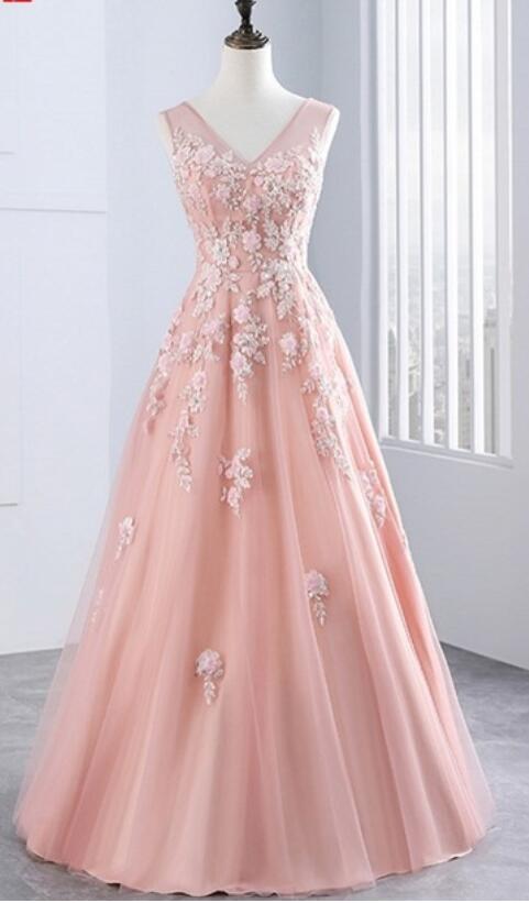 V-neck Prom Dress Pink Evening Dress Elegant Bridesmaid Dress,custom Made