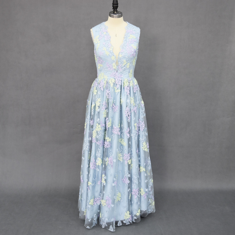 Sleeveless Prom Dress V-neck Party Dress Blue Prom Dress Fashion Dress With Embroidered,custom Made