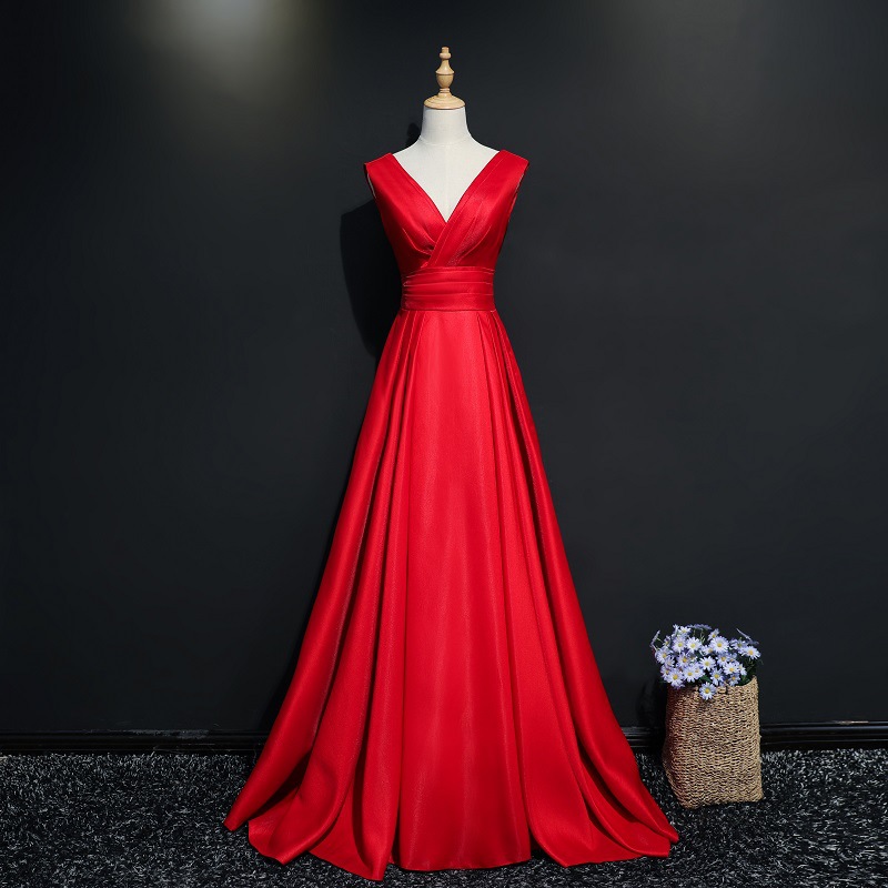 Red Prom Dress V-neck Evening Dress Satin Simple Party Dress,custom Made