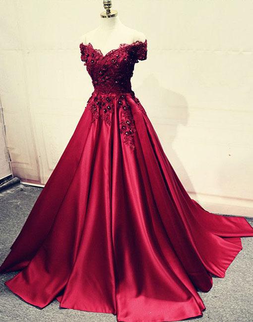Burgundy Lace Off Shoulder Long Prom Dress, Lace Evening Dress,custom Made