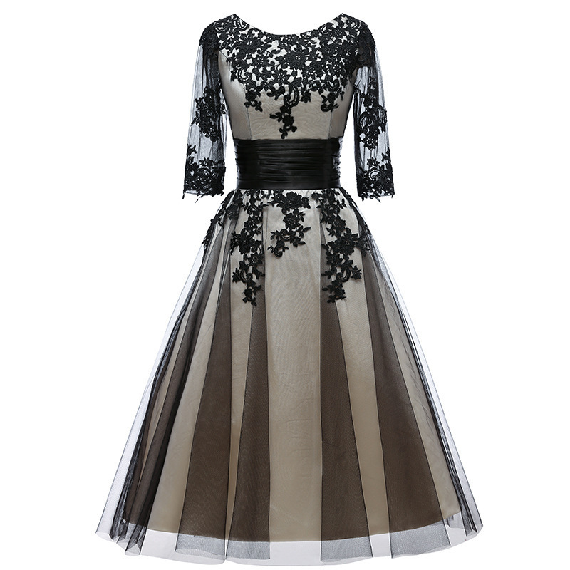 Black Prom Dress Lace Midi Dress Long Sleeves Homecoming Dress ,custom Made