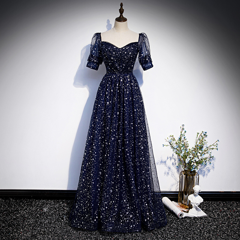 Party Elegant Temperament Long Fairy Dream Forest Department Starry Sky Dress Navy Blue Evening Dress,custom Made