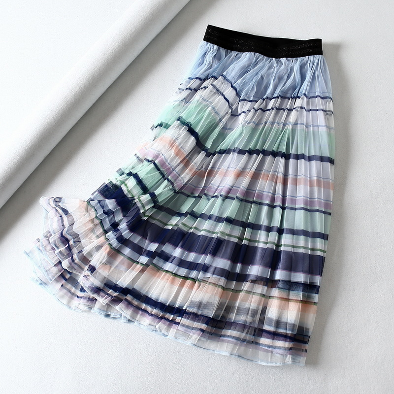 Women's Wholesale High Waist Rainbow Stripe Mesh Pleated Half Skirt