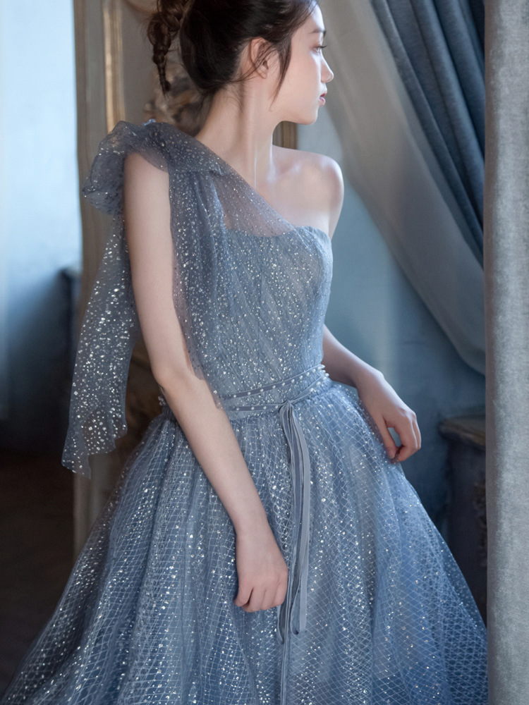 One Shoulder Party Dress Blue Evening Dress Shiny Prom Dress,custom Made