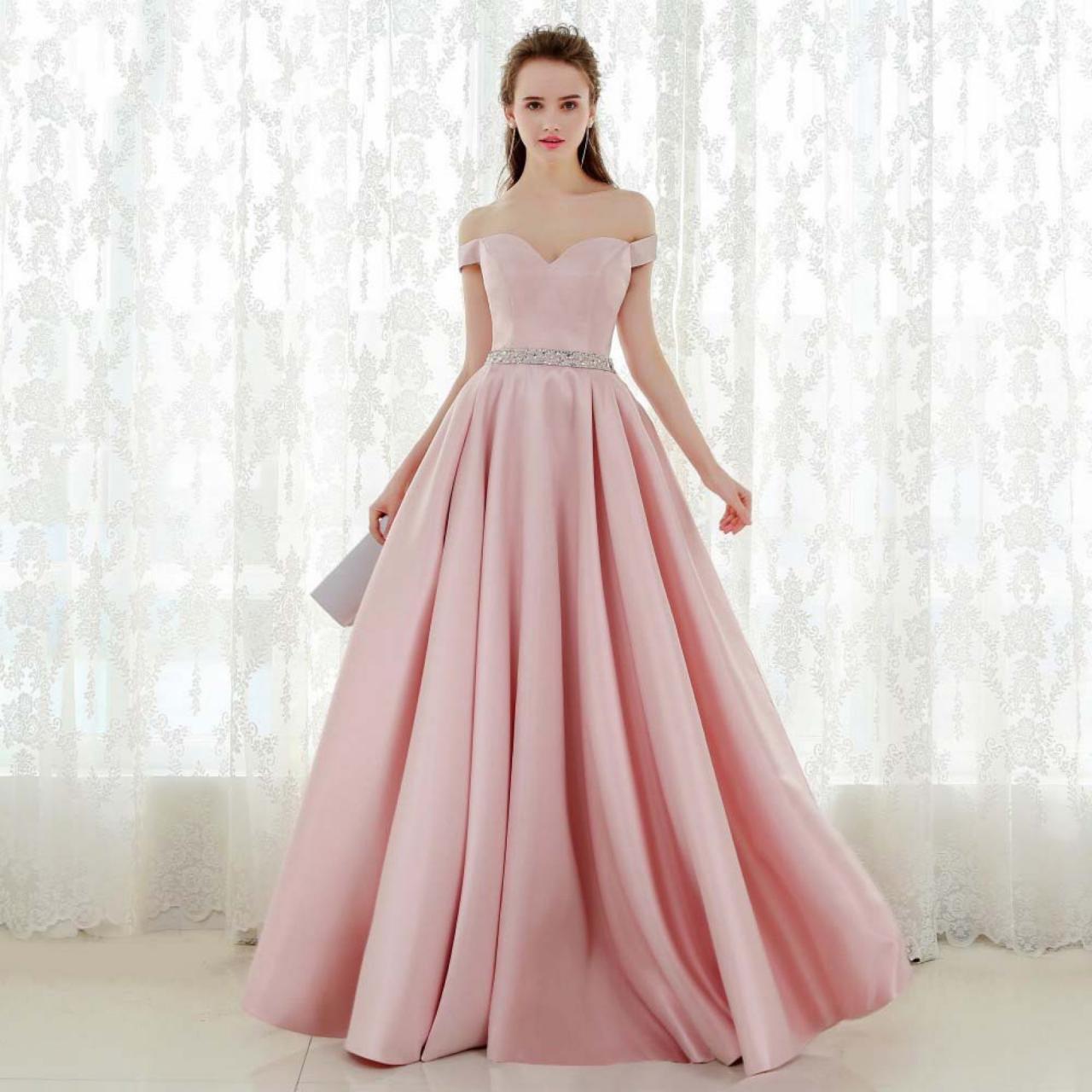 Pink Bridesmaid Dress Off Shoulder Length V-neck Prom Dress Satin Evening Dress With Slimming Belly Wedding Banquet Dress With Beaded