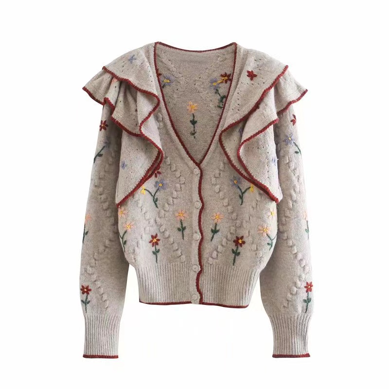 Women's Embroidered Cardigan Coat With Flounce Trim, !