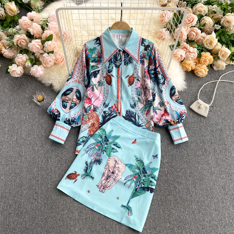 Spring Style, Lapel Bubble Sleeve Shirt & High Waist Slim Skirt ,retro Print Suit