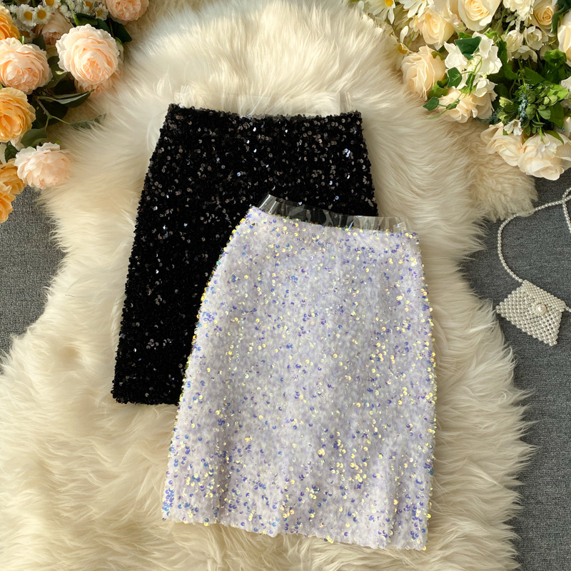 Shiny Sequin Skirt, High Waist, Bling Bling, A-line Skirt