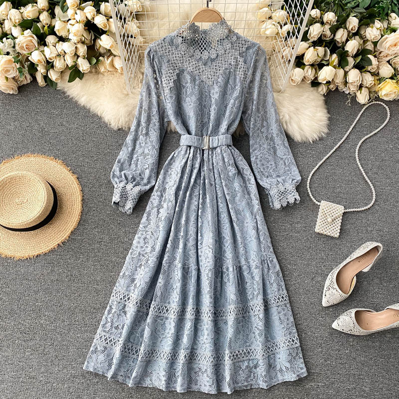 Elegant Dress, Hollowed-out Lace, Slim Stand Collar, Medium Length Fairy Dress