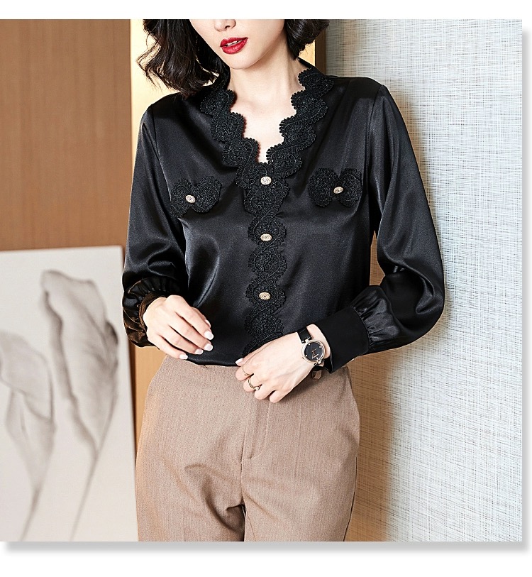 Hollow Lace Patchwork, V-neck Edge, Long Sleeve Silk Blouse,. !