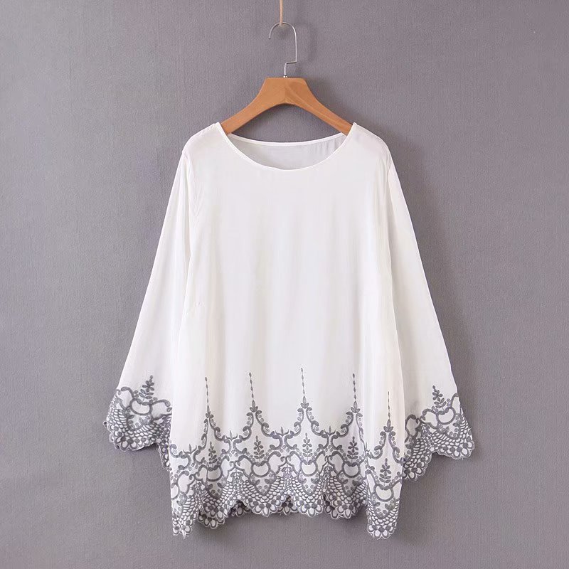 , Round Neck, Long Sleeves, Embroidered Lace Hem, Loose Jumper Top