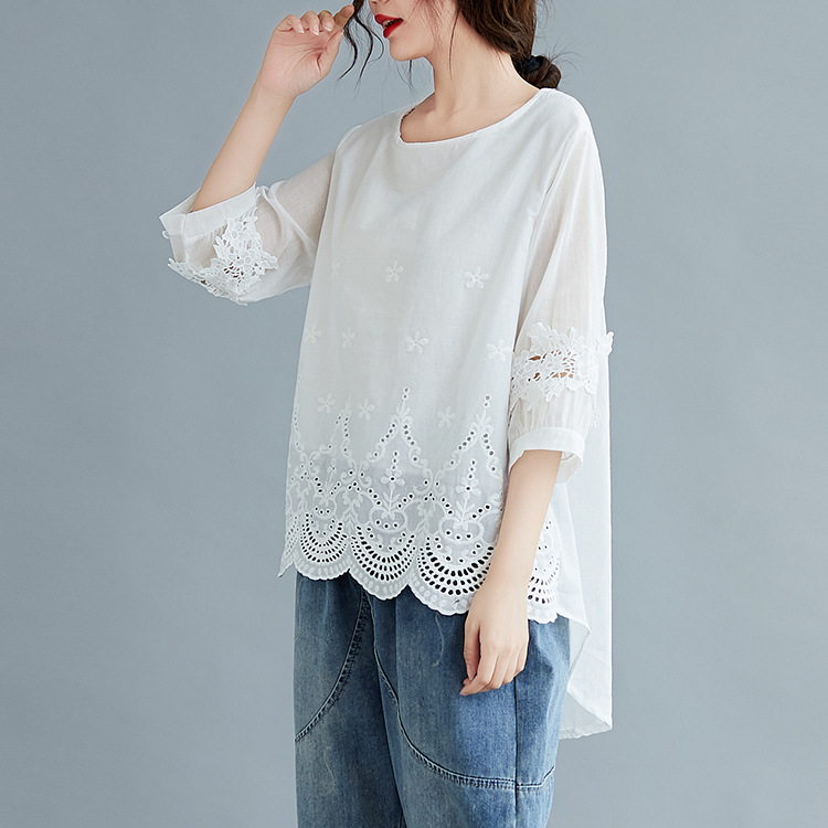 Summer Style, Large Size Women's Top, Fat Lace Splicing Style, Loose And Irregular Pullover, Short Sleeve Shirt