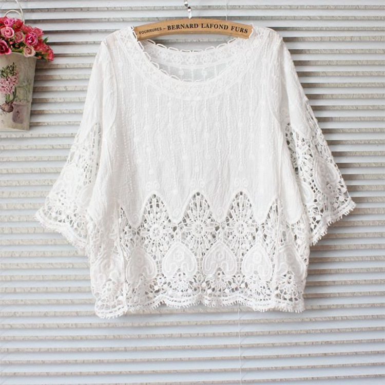Embroidery Hollowed-out, Lace Blouse, All-cotton Exterior With Sunscreen Shirt, Loose Large Size Short Top