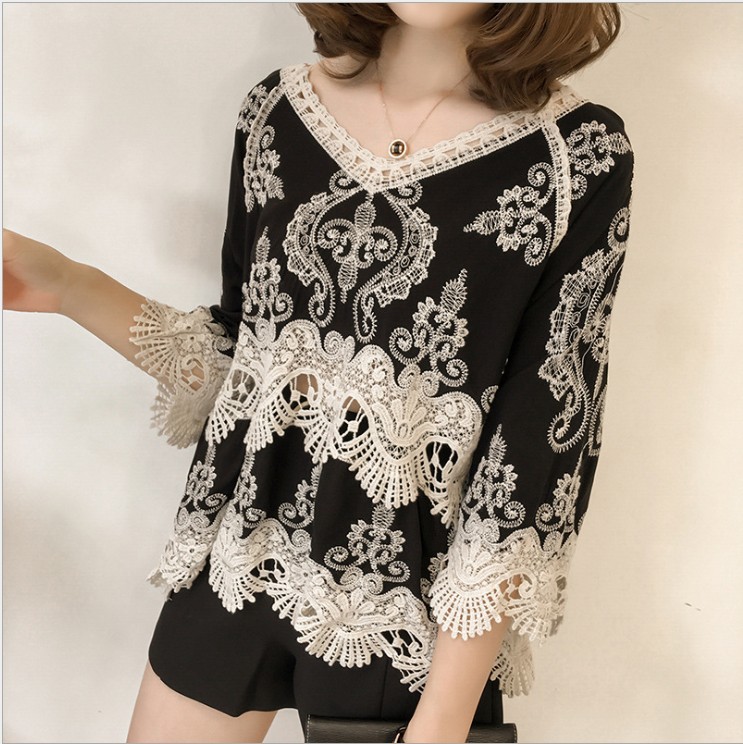 Summer Lace Base Top, Ethnic Style Loose, Hollow Out, V-neck Pullover, Embroidered Top, Cropped Sleeves