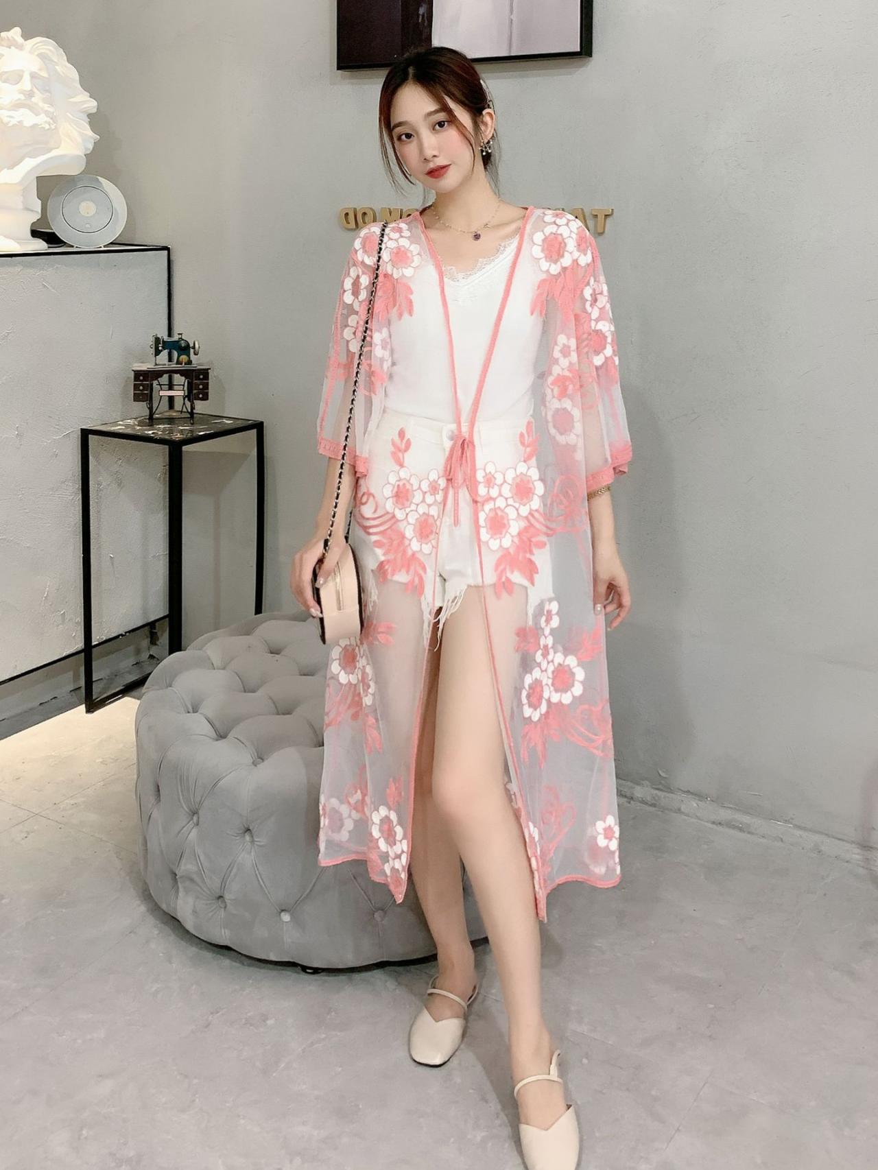 Thin Coat, Shawl Sunscreen Unlined Upper Garment, Long Colorful Cotton Embroidery, Loose Belt Sunscreen Kimono