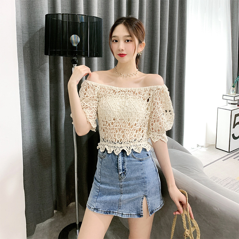 Sexy Knit T-shirt, Bubble Sleeves, Embroidery Hollowout, Off-the-shoulder Top