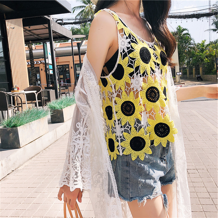 Heavy Double Color Sunflower Handmade Hook Flower, Hollow Water Soluble Lace, Tank Top,unique
