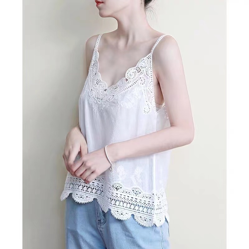 Summer Style, Cotton And Linen Spaghetti Strap Top, Simple, Vest Of Lace