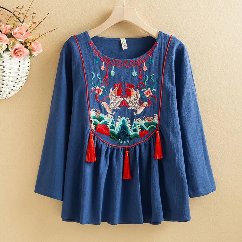 Ethnic Style, Heavy Embroidery Flower, Nine Minute Sleeve T-shirt, Women Loose Retro Shirt,unique
