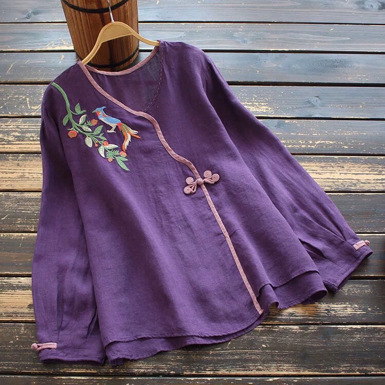 Retro, Art Long Sleeve T - Shirt, Button Embroidery Embroidery, Color Cotton Linen Blouse
