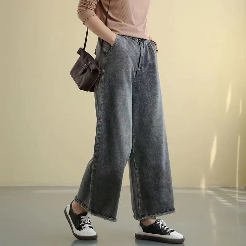 Spring and summer new style, high waist wide leg long pants, retro loose waist large size, straight leg jeans with rough edge