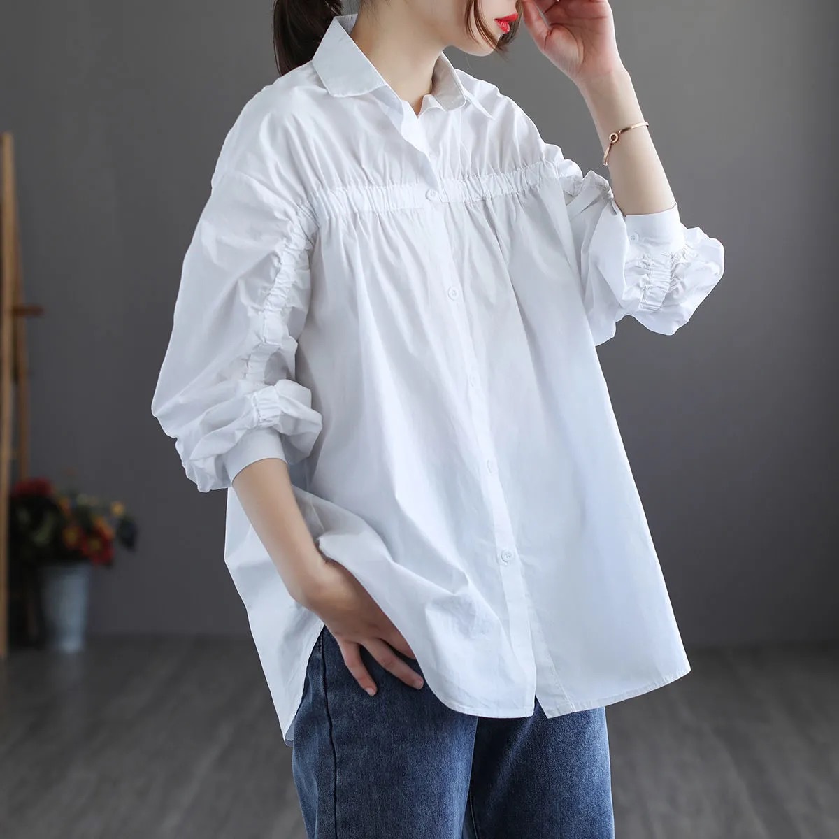 Literature And Art Restore Ancient Top, Stitching Shirt, Pure Color Leisure Shirt