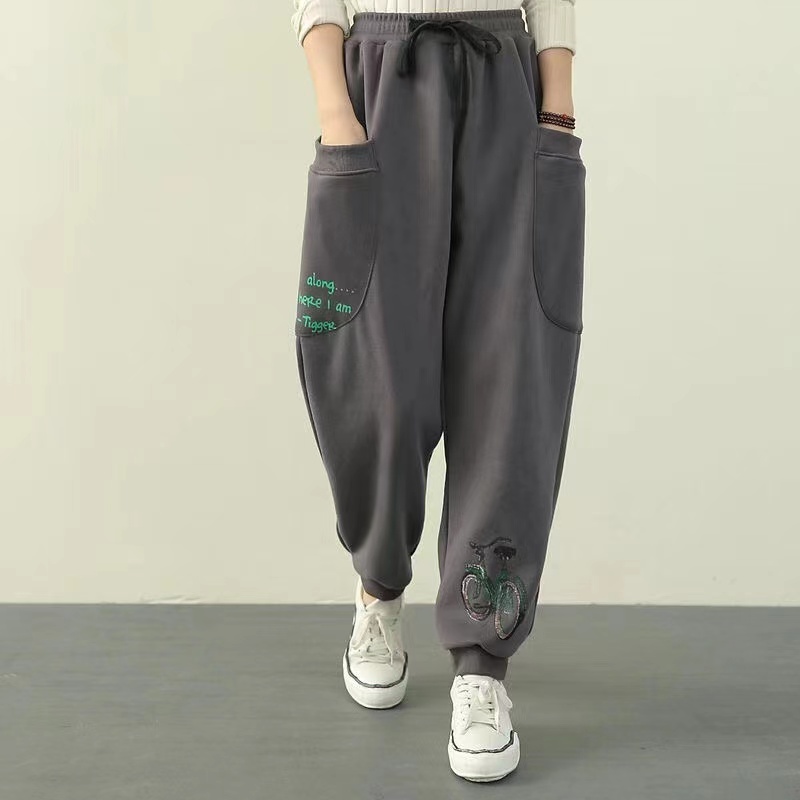 Print, Plush And Thick, Loose Harlem Pants, Large Size Bunched Feet, Casual Pants,