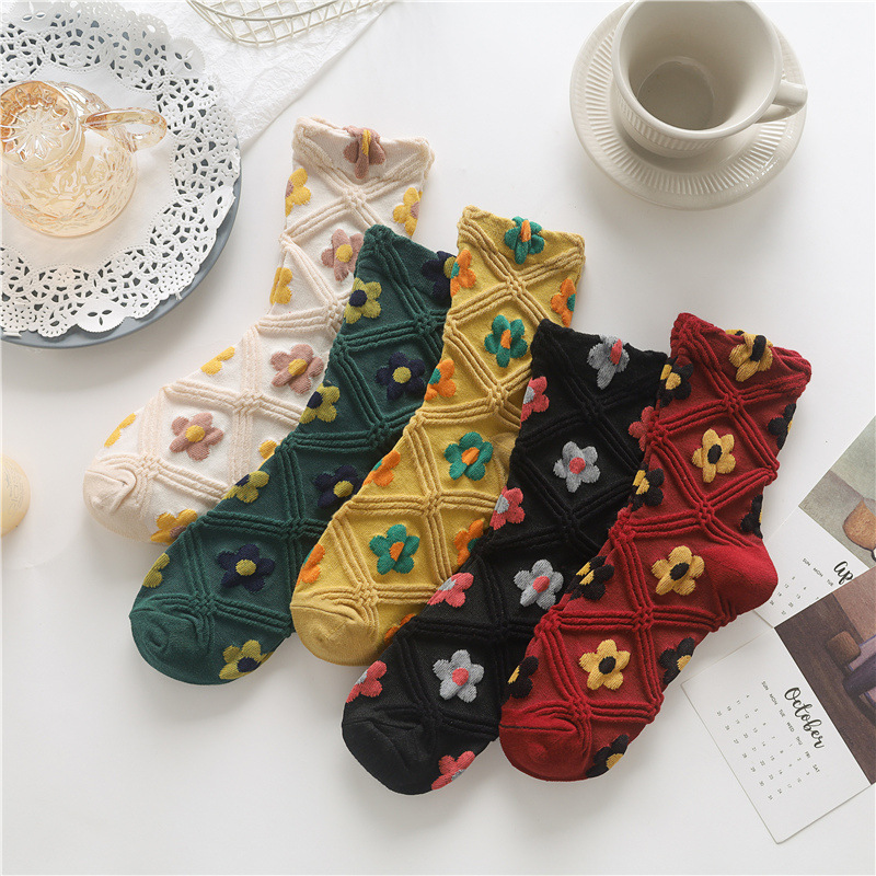 Hyun flowers, stockings, retro, art, diamond lattice lady socks